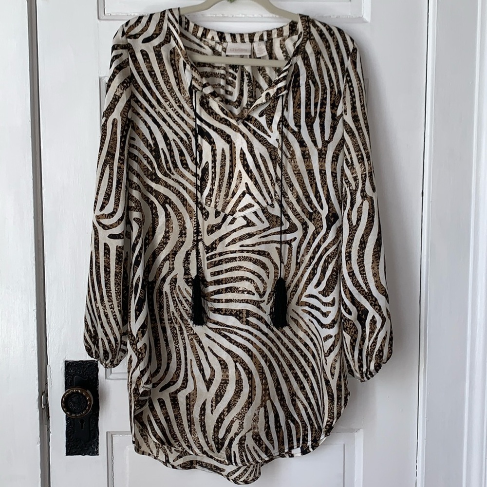 CHICO’S ZEBRA PRINT TUNIC TOP WITH TASSELS